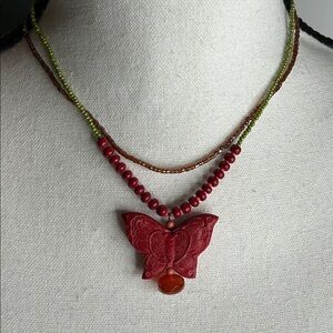 David Aubrey Coral Ted Butterfly Green Seed Bead Layered Necklace Luxury​​​​​